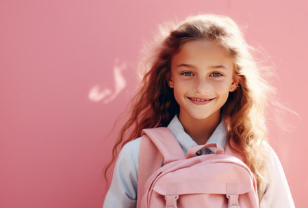 young girl holding a backpack over pink background.の素材