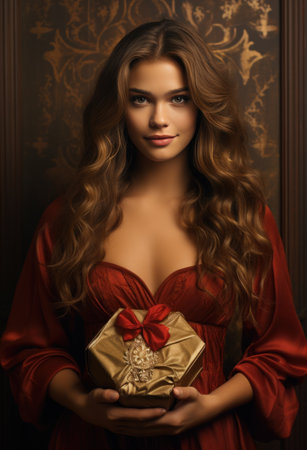 woman with long hair posing for the camera holding a gift,.の素材