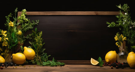 wood background with chalkboard and lemon.の素材