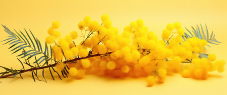 yellow flowers with leaves against a bright yellow background.の素材