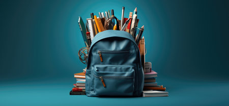 a backpack in a blue background with a pencil on itの素材