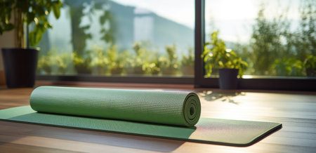 yoga mat on the floor beside the window.の素材
