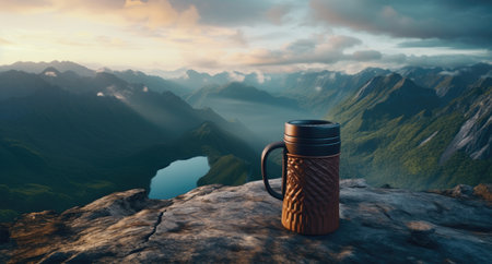 a backpack and mountain top view with a cupの素材