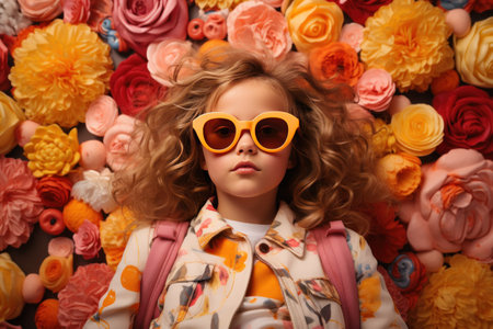young girl wearing sunglasses eating ice cream.の素材