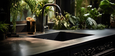 a black kitchen sink with large plants around it.の素材