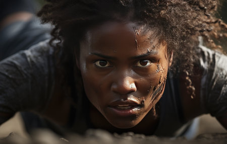 a black female runner clinging to the ground.の素材