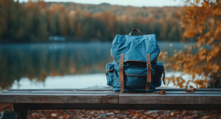 a blue hiking pack sitting on a bench near a lake.の素材