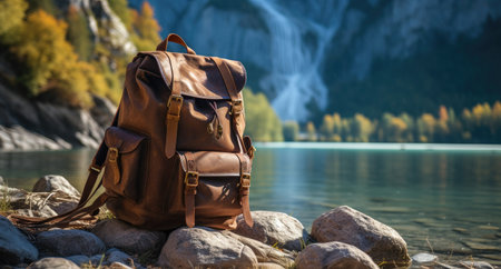 a brown backpack sits on a rock beside water in the mountains.の素材