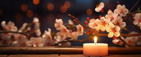 a candle with blossoming cherry blossoms on a wood table behind a bokeh background.の素材