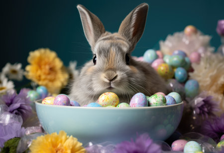 a bunny sitting in colorful eggs surrounding him.の素材