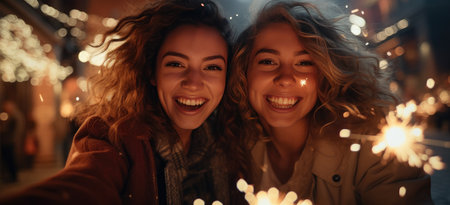 a couple of smiling women holding sparklers with their hands up.の素材