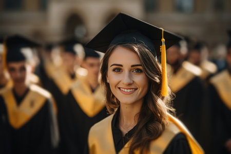 a female graduate smiling among graduation graduates.の素材