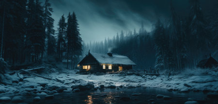 a cabin in a snowy forest on a cold night.の素材