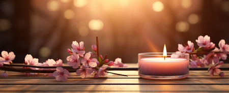 a candle with blossoming cherry blossoms on a wood table behind a bokeh background.の素材