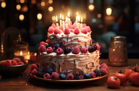 a cake on a table with sparklers.の素材