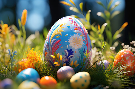 a colorful easter egg sitting on grass.の素材