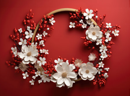 a flower round paper wreath on a red wall, .の素材