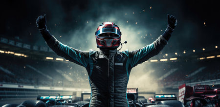 a driver on a race track and holding his hands up.の素材