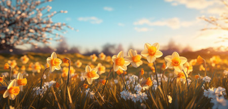 a field of yellow daffodils in the spring time.の素材