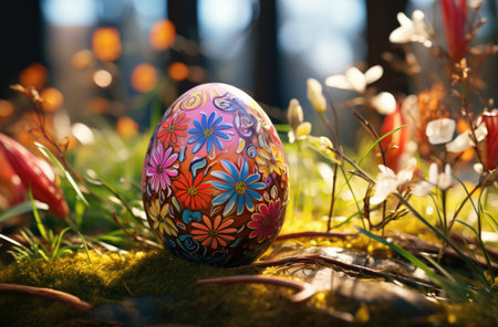 a colorful easter egg sitting on grass.の素材
