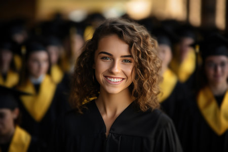 a female graduate smiling among graduation graduates.の素材