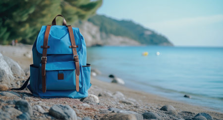 a large blue backpack sits near the water.の素材