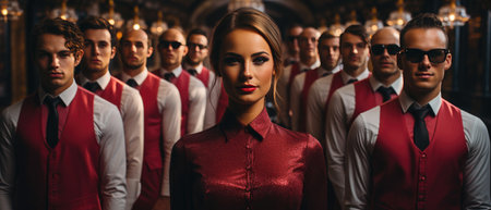 a group of waiters stand around a row of glasses.の素材