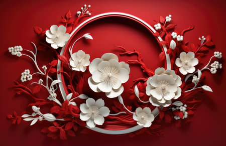 a red wall centered with a red and white flower based frame.の素材