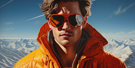 a man wearing a red winter coat in the yellow snow, with yellow goggles.の素材