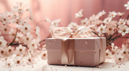 a pink box with white flowers along with ribbons.の素材