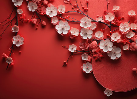 a red background with a mandala and Chinese lanterns.の素材