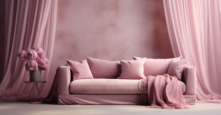 a pink sofa in a room with white drapes.の素材