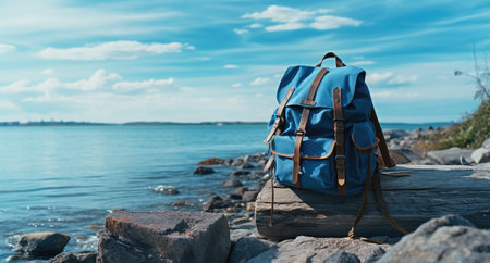 a large blue backpack sits near the water.の素材