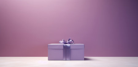 a purple gift box with a ribbon on a wooden table against a purple wall.の素材