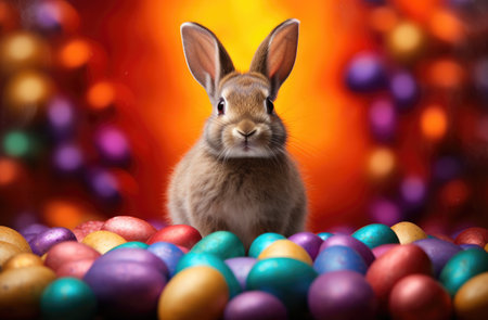 a rabbit sits in the grass near many colored eggs.の素材
