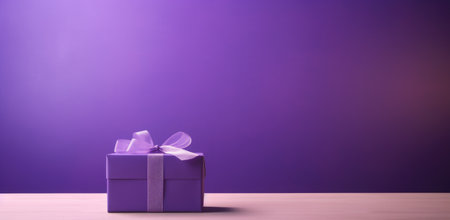 a purple gift box with a ribbon on a wooden table against a purple wall.の素材