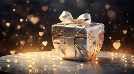 a silver heart gift box with bow and golden ribbon on a sunny night sky.の素材