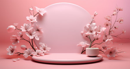 a white plate and pink flowers are on a pink surface.の素材