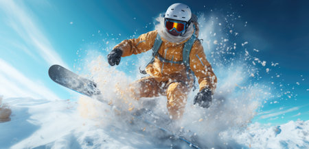 a snowboarder flying through a snowy valley in an orange hat.の素材