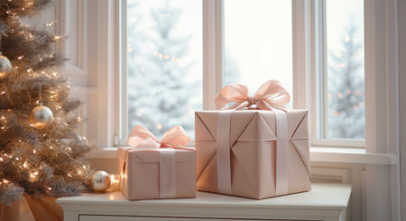 a white gift box with christmas decorations and pine trees.の素材