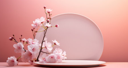 a white plate and pink flowers are on a pink surface.の素材