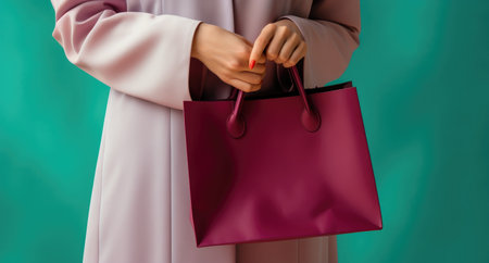 a woman holds pink paper shopping bag against a green background.の素材