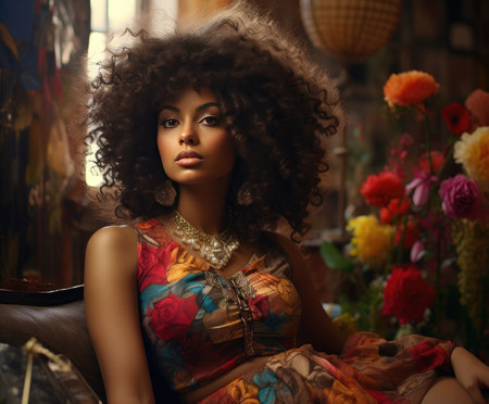 a young woman with curly afro hair and a big chin,.の素材