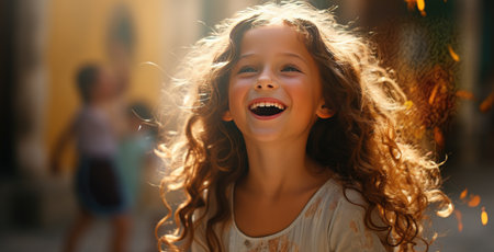 a young girl is laughing for the camera.の素材