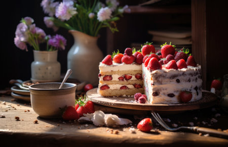 an almond strawberry cake on a wooden table,.の素材