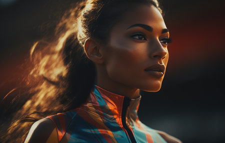 an athletic woman is warming up on a racing track.の素材