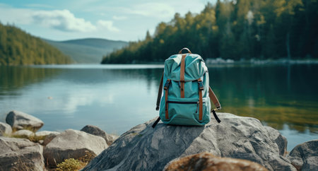 an outdoor backpack on a rock near a lake.の素材