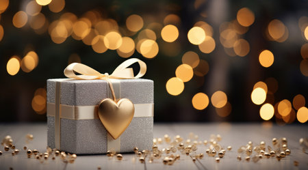 Birch and white box of white heart with golden ribbon on table.の素材