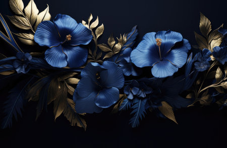 blue tropical flowers with leaves on blue background.の素材