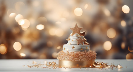 Christmas cake in the shape of a tree with white stars.の素材
